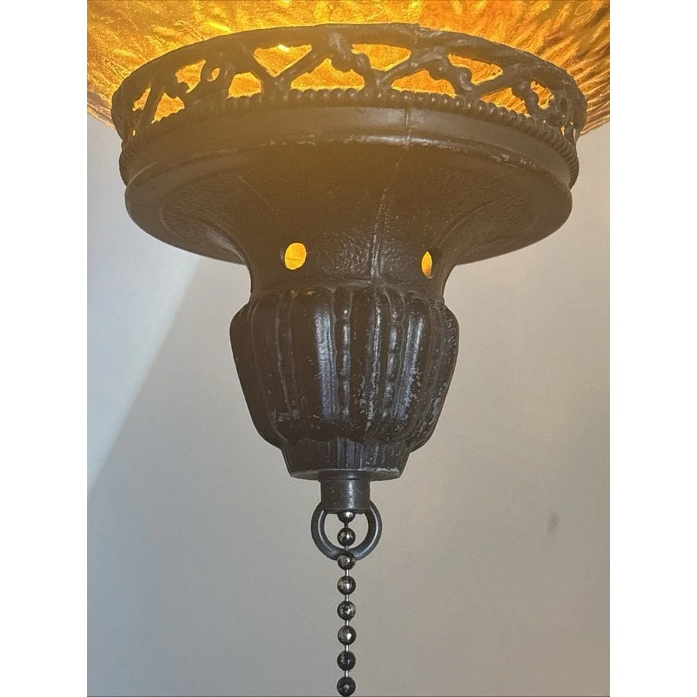 Vintage Large Amber Glass MCM  Hanging Swag Lamp Light W/ Chain